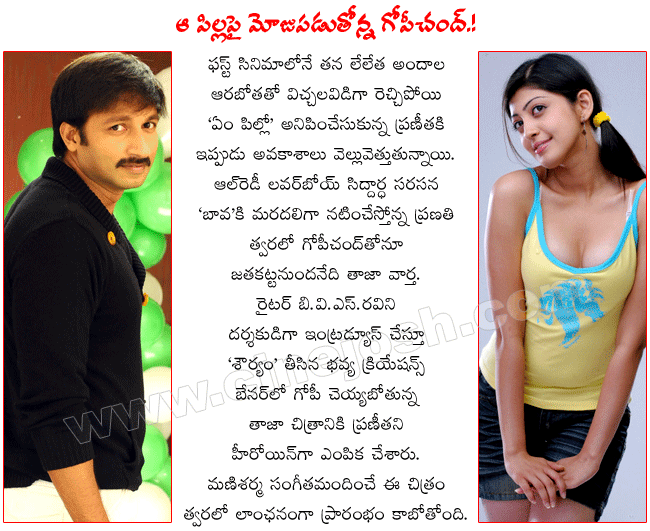 telugu film hero gopichand,gopichand latest film with writer ravi,bhavya crations banner,heroine praneeta with gopichand,em pillo em pillado heroine praneetha,baava heroine praneetha with hero siddarth  telugu film hero gopichand, gopichand latest film with writer ravi, bhavya crations banner, heroine praneeta with gopichand, em pillo em pillado heroine praneetha, baava heroine praneetha with hero siddarth